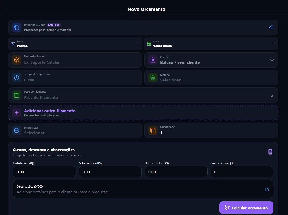Criação de orçamento no CotaLayer3D