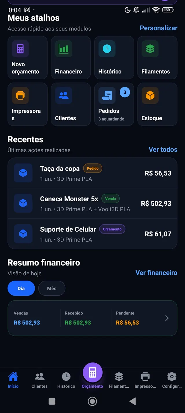 Tela inicial com atividades e resumo financeiro